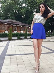 Leggy Babe Posing Outdoors In Blue Mini Skirt