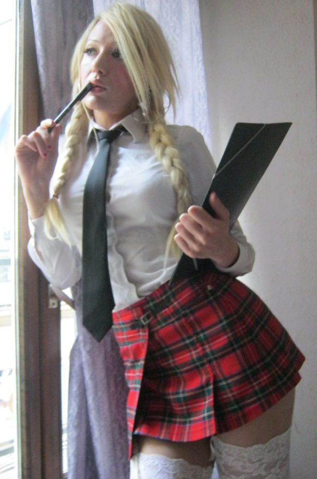 Blondie Nymph In Short Playd Skirt Waithing For 2 Masters Penises