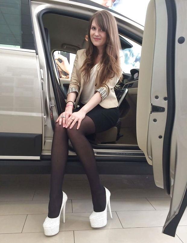 Sweet Natural Amateur In Tight Black Mini Skirt & White Heels