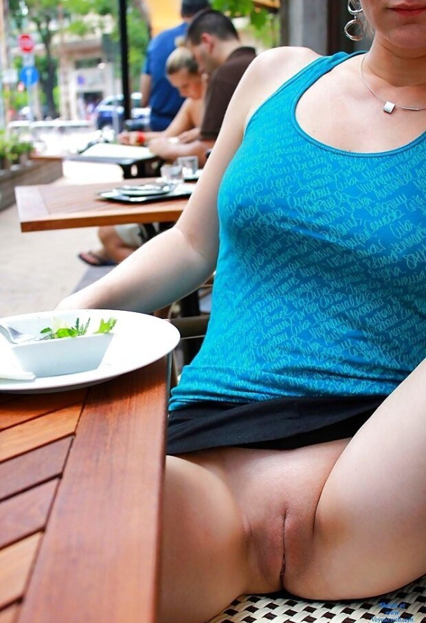 Bald Pussy Shot In Public At Outdoor Restaurant