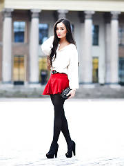 Hot Oriental In A Red Skirt & A White Blouse