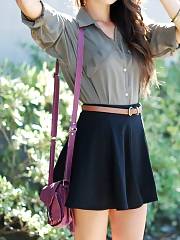 Grey Blouse & Black Skirt With Belt & Purple Purse