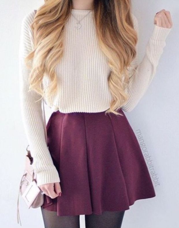 White Sweater And Purple Skirt
